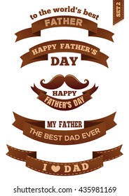 Father's Day design. Collection of brown ribbons with congratulatory messages for Father's Day. Vector illustration. Set 2