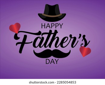 Fathers day design with lettering, mustache, hat  and hearts with purple background.