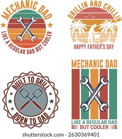 Father's Day Designs Featuring Mechanic Dad and Grilling Themes. Four vintage-style graphic designs perfect for Father's Day apparel or merchandise.