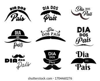 Fathers day, Dia dos pais monochrome isolated vector icons set. Hipster mustache of different shapes bowl and cylinder hats. Vintage symbols for Fathers day, Dia dos Pais retro labels