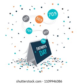 Father's day discount symbol with calendar and flying confetti isolated on light background. Easy to use for your design with transparent shadows.