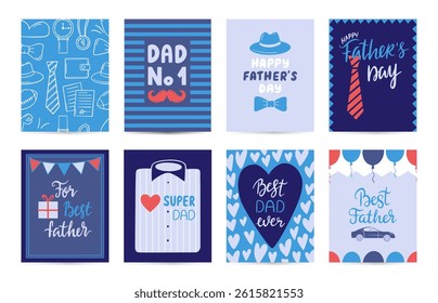 Fathers day doodle cards. Congratulation for dad, postcards design with handwritten phrases and male items. Posters or covers, neoteric vector banners