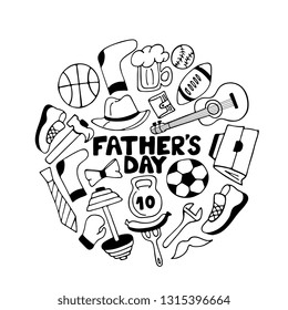 Father's day doodle greeting card. Men's sports games, accessories and items