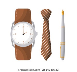 Fathers day element. Wristwatch, necktie and pen. Stylish element of clothing and accessory. Parenthood and fatherhood. Social media stickers. Flat vector illustration isolated on white background