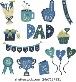 Father's Day elements set. World's best dad trophy, number 1 dad award, balloons, greeting card, bouquet of tools, super dad sash. Hand drawn vector illustrations.