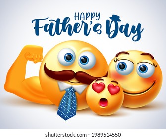 Father's day emoji vector banner design. Happy father's day text with emoticon 3d family characters for male parents celebration. Vector illustration
