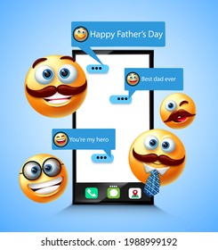 Fathers day emoji vector design. Happy father's day text in mobile phone chat messages with emoji 3d male parents for celebration greeting design. Vector illustration