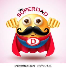 Father's day emoji vector design. Super dad text with super hero 3d character wearing cape costume for celebrating male parents emoticon design. Vector illustration