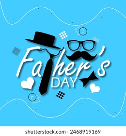 Father's Day event banner. Calligraphy text with elements such as hat, tie, glasses and thick mustache on light blue background to celebrate on June 16th