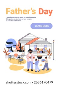 Fathers Day family celebration backyard barbecue children giving gifts outdoor party house decorations festive scene