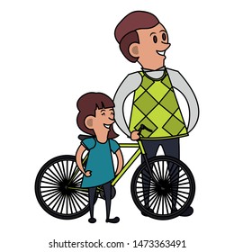 fathers day family celebration, father teaching to him daughter to ride a bike cartoon vector illustration graphic design