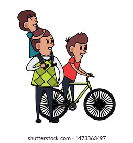 fathers day family celebration, father with children teaching to ride bike cartoon vector illustration graphic design