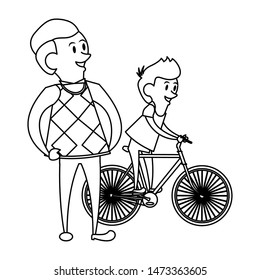 fathers day family celebration, father teaching him son to ride a bike cartoon vector illustration graphic design