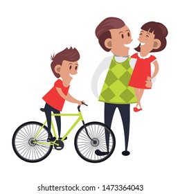 fathers day family celebration, father with children teaching to ride bike cartoon vector illustration graphic design