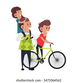 fathers day family celebration, father with children teaching to ride bike cartoon vector illustration graphic design