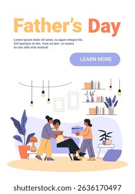 Fathers Day family celebration giving gift father children living room plants cozy home interior modern flat style