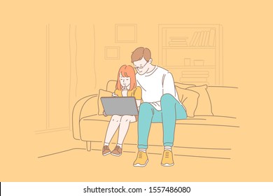 Fathers day, family, fatherhood, care, together learning concept. Happy enthusiastic father and daughter spend leisure time shopping online. Dads love for the child, parental hugs. Flat simple vector.