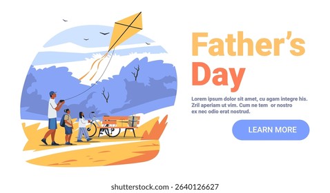 Father's Day family outdoor activity kite flying park scene dad children bench bicycle blue yellow website banner