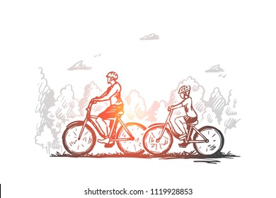 Father's day, family, sport, team concept. Hand drawn family walking with bicycles outdoor concept sketch. Isolated vector illustration.
