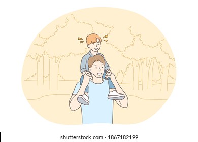 Fathers day, Father and child, activities with children concept. Young positive man father riding his little son on shoulders during walk in park in summer vector illustration 