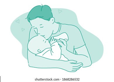Fathers day, Father and child, activities with children concept. Young positive man father taking care of his little child toddler, feeding him and kissing in forehead at home vector illustration 