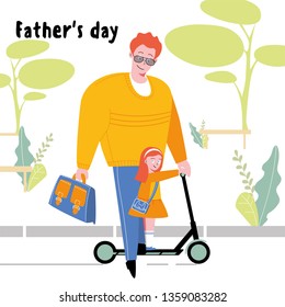 Father's day. Father with a child riding a scooter. A man with a briefcase in a suit carries his daughter to kindergarten on a scooter. Vector.