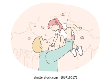 Fathers day, father and daughter, happy childhood concept. Young positive man father playing with his small daughter during walk in park outdoors on summer day together vector illustration 