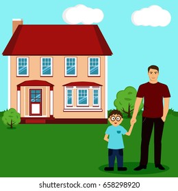 Father's Day. Father with his son in the background of the house. Vector illustration.
