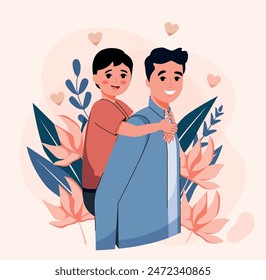 Father's Day. Father holding child. Flat style. Characters. Family and generations. Vector. Embrace. Flowers and leaves. Hug. Dad and son. Ride on back. Lifting his son up. Holiday poster Silhouette. 