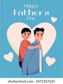 Father's Day. Father holding child. Parenting. Flat style. Family and generation. Vector. Hug. Blue banner. Poster. Ride on back. Lifting his son up. Holiday poster Fatherhood and childhood  Daddy day