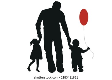 father's day. father holding two children. child holding red balloon