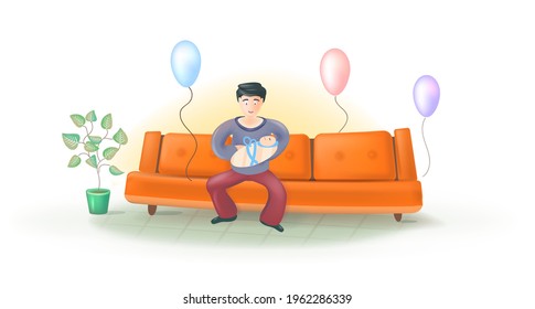 Father's day. Father holds baby in his arms. Boy was born. 
Childbirth. Celebration in honor of the newborn. Child care.
Parents and children. Vector stock illustration. White background.
3d cartoon.