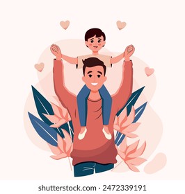 Father's Day. The father holds the child on his neck. Flat style. Characters. Family and generations. Vector. Embrace. Leaves. Hug. Dad and son. Banner and poster. Ride on back. Lifting his son up.