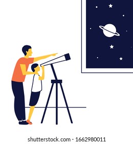 Father's day. Father shows his son planets and stars. Concept of creativity and curiosity.