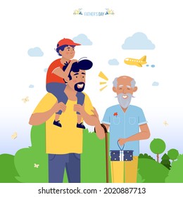 Father's day. Father, son and grandfather are walking in the park. Cute vector illustration for a holidays illustration.