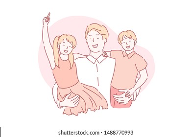 Fathers day, fatherhood, holiday concept. A loving young father holds his happy children in his arms. Laughing daughter and son hug their dad. Simple flat vector.