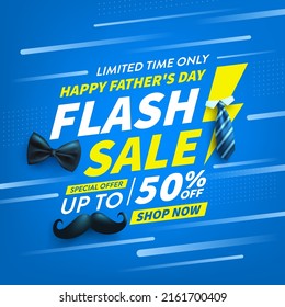Father's Day Flash Sale poster or banner template with necktie, Bow,mustache and flash icon. Greetings and presents for Father's Day Sale.