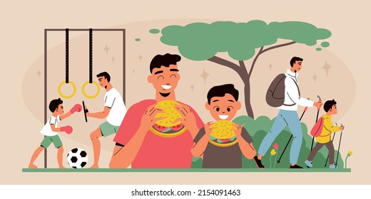 Fathers day flat background with boys spending time with their dads doing sports eating burgers hiking in forest vector illustration