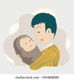 Father's day flat design cute character, dad holding his baby, smiling at his child