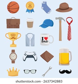 Father's Day flat illustrations with male accessories, hobbies and clothing elements, ideal for greeting cards, posters or celebration designs