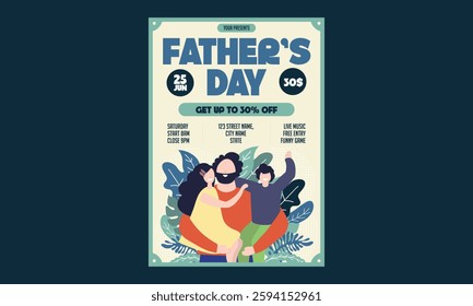 Fathers Day Flyer.  Happy Fathers Day flyer, banner or poster, father holding his child hand. Vector illustration.

