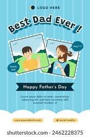 Father's day flyer poster template with father and son flat characters. Cute frame and border. 