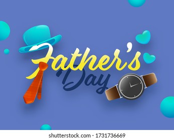 Father's Day Font with Fedora Hat, Red Necktie and Wristwatch on Blue Background.