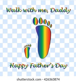 Fathers day footprints design card background, rainbow colorful vector illustration.