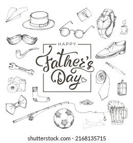 Father's Day frame of hand drawings of male accessories on white background. Card with calligraphy hand drawn lettering. Parenting, fatherhood concept set for summer holiday. Vector illustration