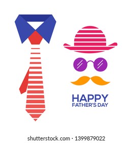 Fathers day gift greeting card banner poster with necktie,glasses,straw hat, mustache isolated on white background. Male tie. symbol of love dad. Vector illustration 