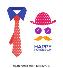 Fathers day gift greeting card banner poster with necktie,glasses,straw hat, mustache isolated on white background. Male tie. symbol of love dad. Vector illustration 