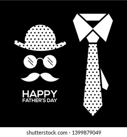 Fathers day gift greeting card banner poster with necktie,glasses,straw hat, mustache isolated on black background. Male tie. symbol of love dad. Vector illustration 
