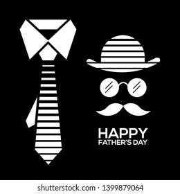 Fathers day gift greeting card banner poster with necktie,glasses,straw hat, mustache isolated on black background. Male tie. symbol of love dad. Vector illustration 