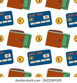Father's day gift pattern with wallets, and bank card for greeting card design. Travel accessories, economy and business
